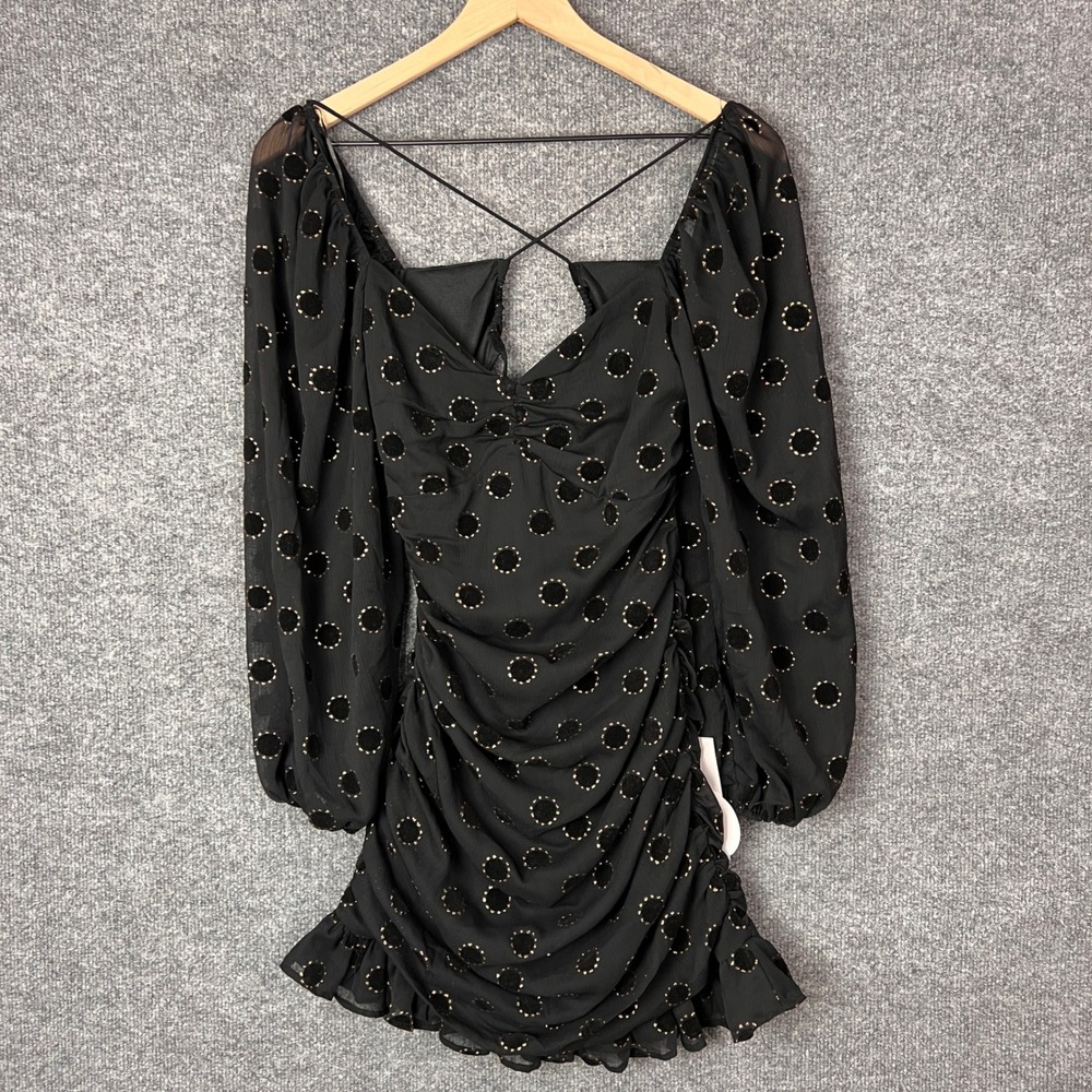 NEW‎ Lush Clothing Polka Dot Ruched Long Sleeve Mini Dress Criss Cross Back S